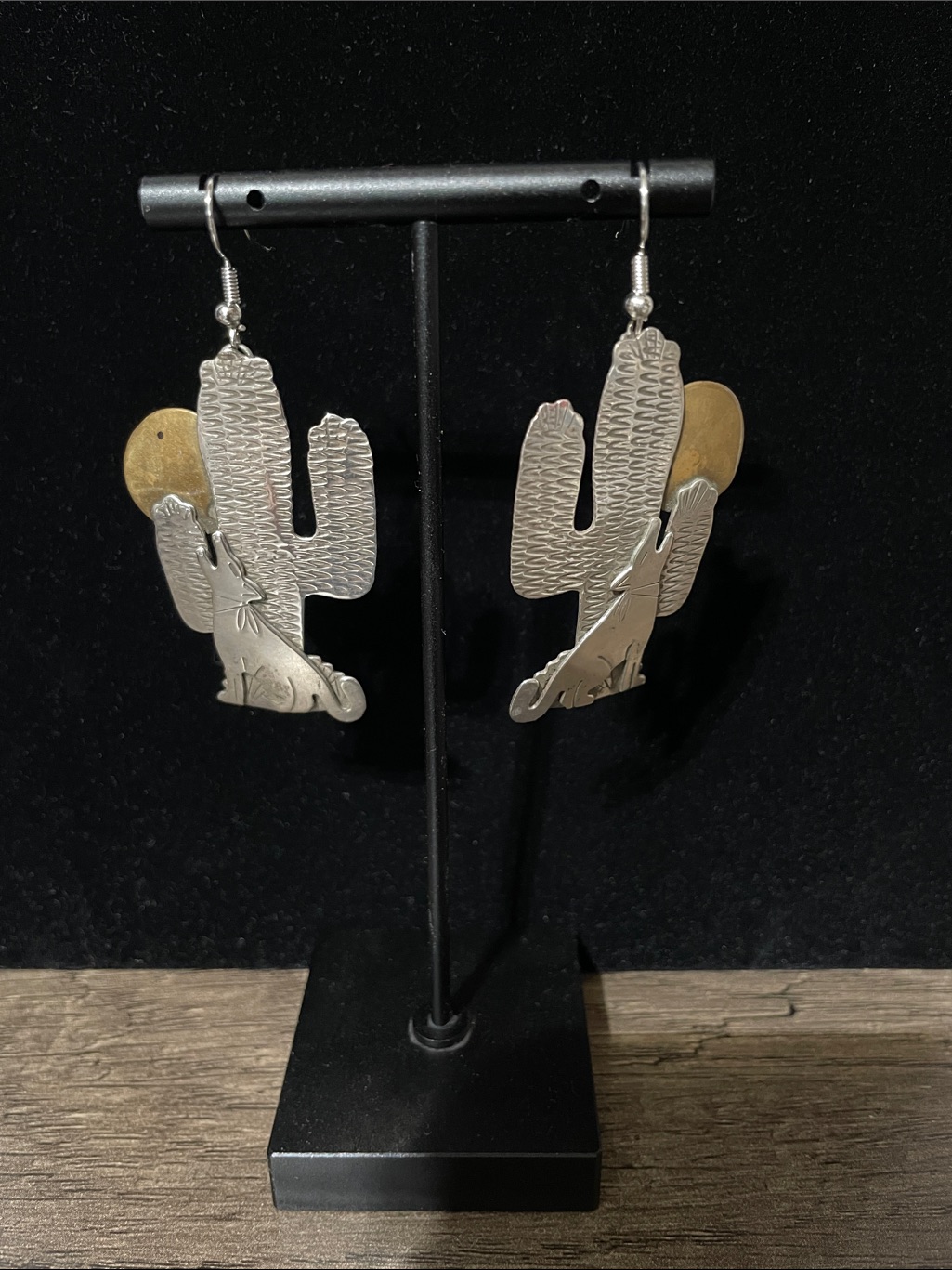 Ben G Chavez Sterling Cactus & Coyote Earrings With Copper Moon.